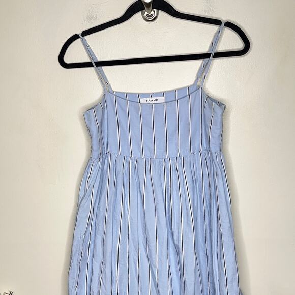 FRAME Gemma Asymmetrical Maxi Dress Ciel Blue Stripe Cotton Poplin {C53} - Picture 2 of 7